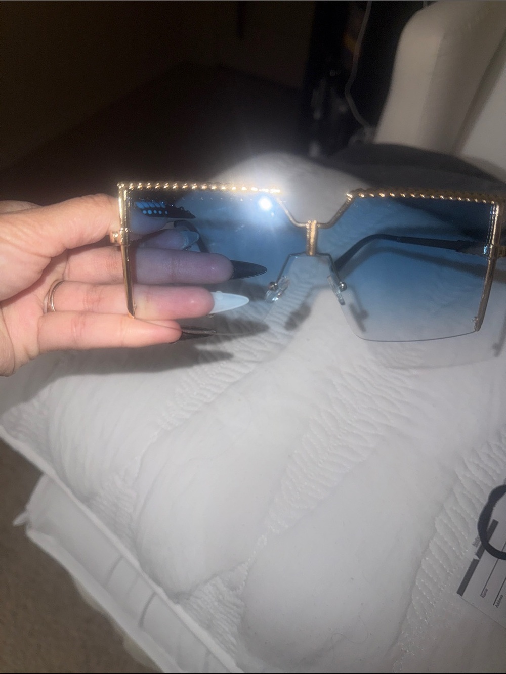 Gold Frame Blue Gradient Rimless Shield Sunglasses - Picture 5 of 5